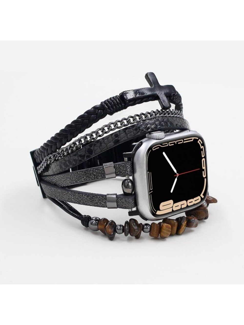 Unisex Black/Cross Beaded Boho Bracelet Compatible Leather Band with Apple Watch